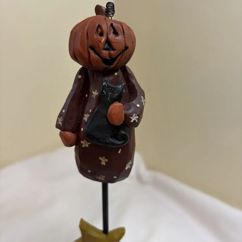 Blossom Bucket Halloween Pumpkin Black Cat Pedestal 13” Suzi Skoglund Folk Art